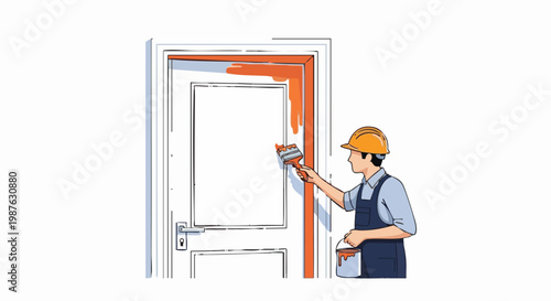 Builder painting door frame orange. Construction worker renovating house interior, vector illustration