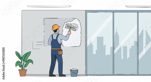 Builder plastering modern office wall during renovation with city view