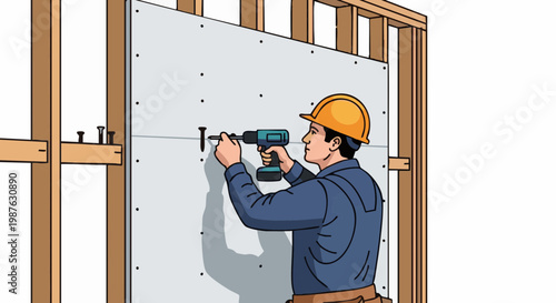 Construction worker installing drywall sheet on wooden frame with power drill