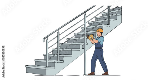 Builder installing metal handrail on concrete stairs with wrench