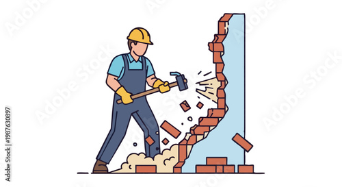 Construction worker with sledgehammer breaking brick wall. Demolition and renovation concept vector illustration