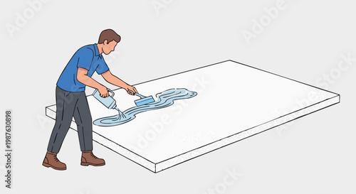 Worker applying glue to polystyrene insulation board. Construction concept