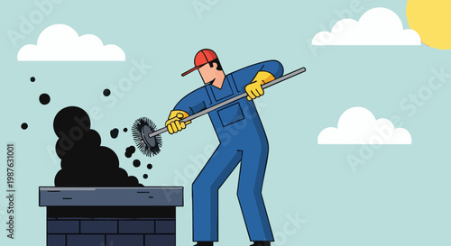 Chimney sweep worker cleaning rooftop chimney with brush and soot