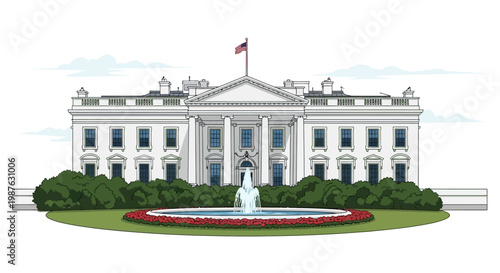 Vector illustration presents the White House with its iconic facade, set against a clean white background, featuring a vibrant flowerbed and a central fountain, conveying a patriotic