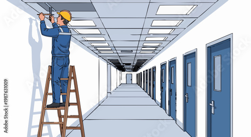 Worker on ladder repairing ceiling in long corridor illustration