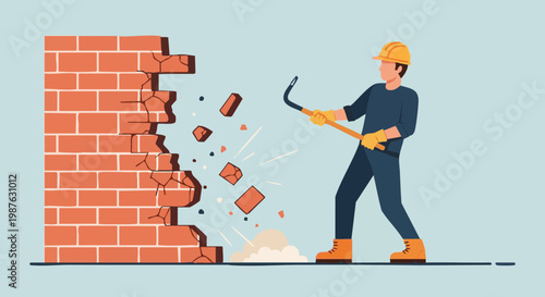 Construction worker breaking brick wall with crowbar. Demolition concept vector illustration
