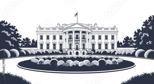 Detailed monochromatic illustration of the White House with symmetrical landscaping in the foreground, rendered in a vintage style against a neutral background to evoke a sense of American