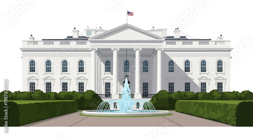 A digital illustration presents the White House with its neoclassical facade, captured in a full shot against a bright white background, complemented by symmetrical landscaping