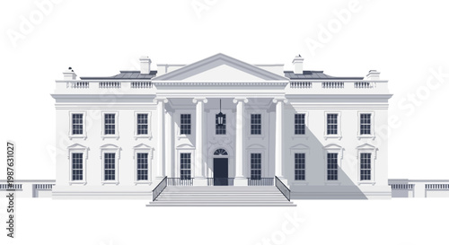 Front-facing illustration of the White House with its neoclassical architecture, presented in a minimalist style with clean lines, set against a pristine white background