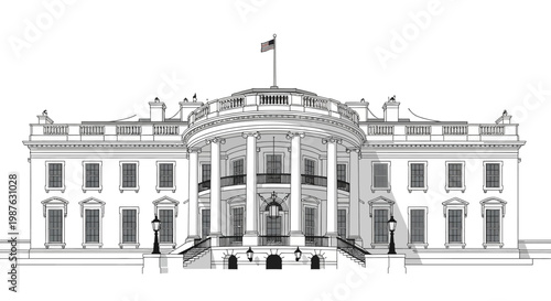 Detailed line drawing of the White House with an American flag on top, rendered in a simple black and white style, set against a plain background, conveying a sense of architectural