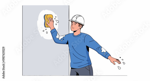 Construction worker with sponge plastering wall. Man in hard hat doing renovation and repair work