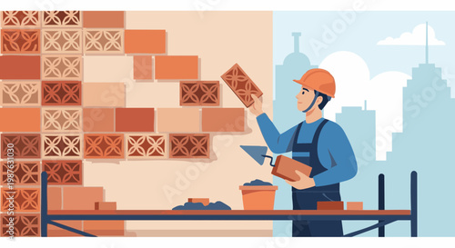 Construction worker building decorative brick facade on scaffolding with urban skyline