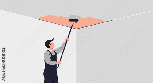 Professional painter in uniform painting ceiling with extension roller