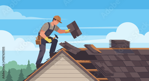 Roofer in uniform replacing damaged shingles on house roof with hammer