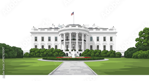 The White House, a stately architectural landmark with an American flag on top, stands framed by lush green lawn and trees in an eye-level shot on a clear day, conveying a sense of national