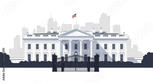 A flat illustration of the White House with a waving American flag on top and a gated fence in front, set against a muted city skyline, showcasing a patriotic architectural facade