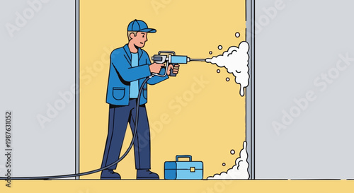 Construction worker in uniform sealing wall gap with polyurethane foam gun