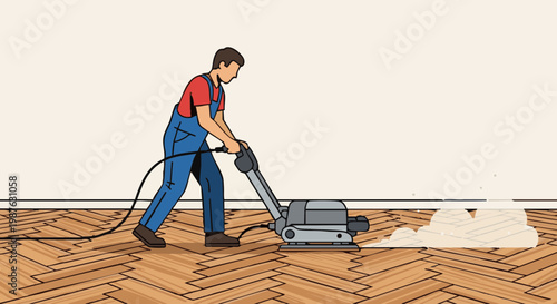 Worker sanding wooden parquet floor with electric machine