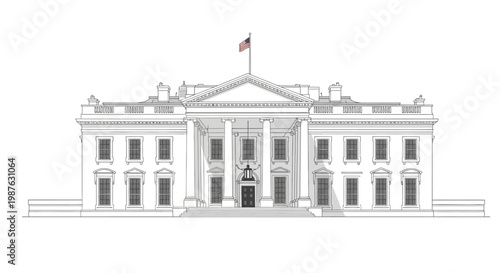 Detailed line art depicts the White House with its iconic columns and architecture, set against a plain white background, rendered in a minimalist style highlighting its historical