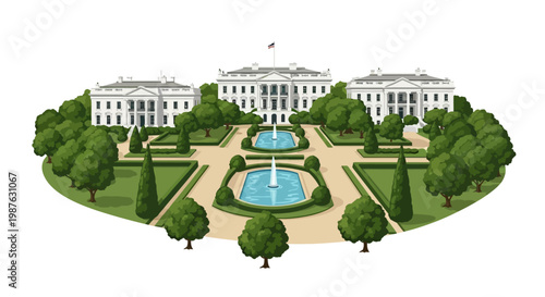 Overhead illustration of the White House and surrounding grounds with manicured lawns and symmetrical garden designs, rendered in a bright, cartoon style and set against a clean white