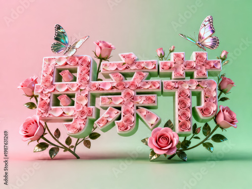 Mother's Day 3D Typography with Pink Flowers and Butterflies