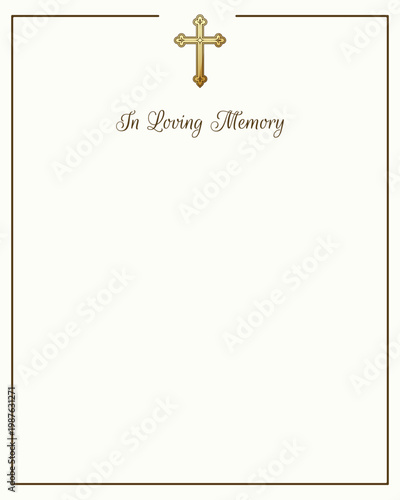 Funeral card with white background and lilies in vase. Gold church cross and gold frame