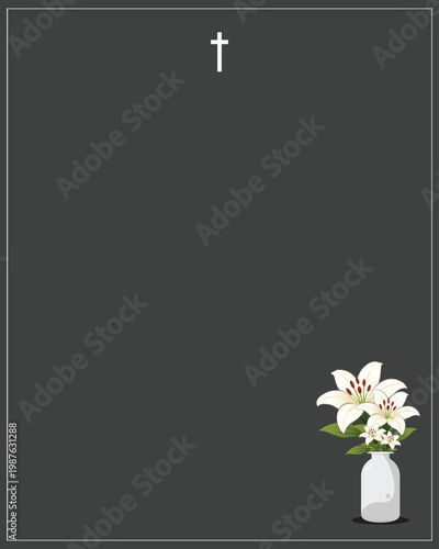Funeral card with black background and lilies in vase