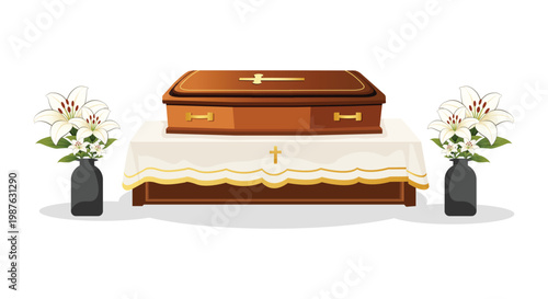 Coffin with lilies on a white background. Brown coffin with flowers. Vase with lilies