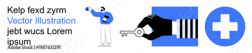 Healthcare, data security, access control, identity verification, medical services, safety. A person holding a ball, a hand holding a key and a medical cross symbol. Healthcare and data security