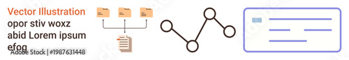 Data organization, file sharing, workflow processes, cloud storage, digital systems, computer networks. Icon set files linking to a document, a flow network and a text card. Data organization