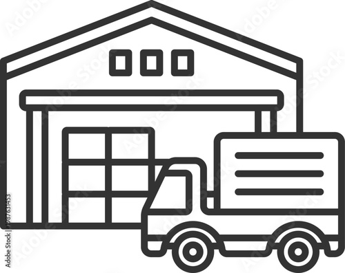 物流倉庫とトラックのアイコン（線画）のイラスト