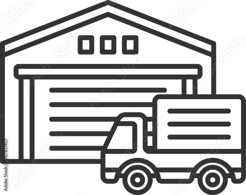 倉庫とトラックのアイコン（線画）のイラスト