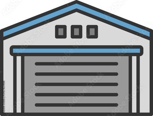 シャッターが閉まった、倉庫のアイコン（線画カラー）のイラスト