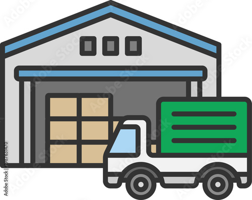物流倉庫とトラックのアイコン（線画カラー）のイラスト