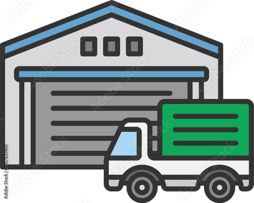 倉庫とトラックのアイコン（線画カラー）のイラスト