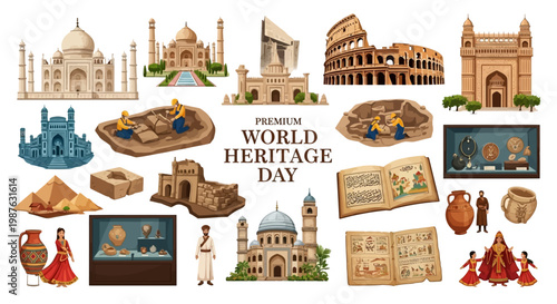 Digital illustration features a collection of world heritage sites like the Taj Mahal and Colosseum, arranged with archaeological artifacts against a clean white background, emphasizing