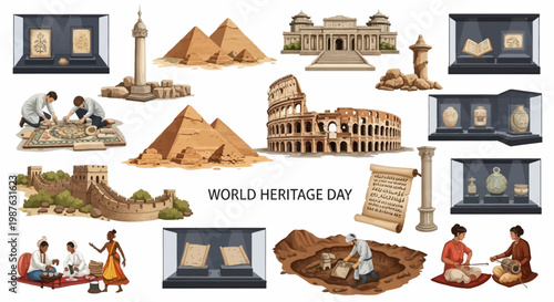 Detailed illustration showcasing world heritage sites and artifacts, including pyramids, the Colosseum, and ancient ruins, set against a clean white background with a vibrant
