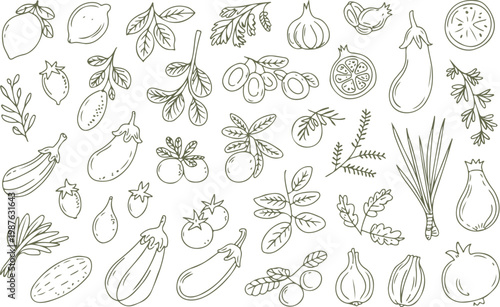 Minimal monochrome fresh produce outline pattern with fruits vegetables herbs and culinary ingredients in decorative arrangement