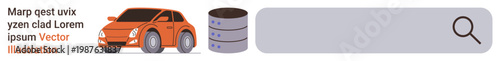 Data storage, information retrieval, database queries, search tools, tech concepts, system management. Orange car, database icons search bar. Data storage and information retrieval concepts