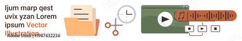 File organization, digital editing, multimedia content, productivity tools, media management, workflow optimization. Folder, scissors clock and media player elements. Media management