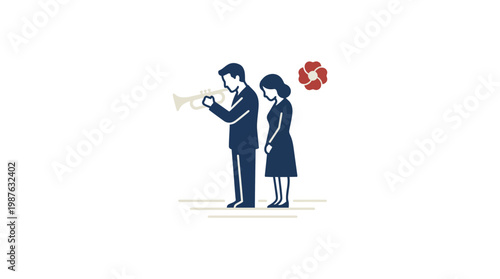 Man Playing Trumpet for Sad Woman Beside Red Floral