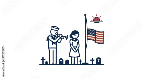 Memorial Day Ceremony Trumpeter Woman Flag at Sunset