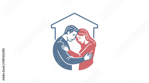 Couple Embracing Under House Symbol Family and Trust