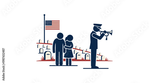 Memorial Day Ceremony Trumpeter Family And American Flag