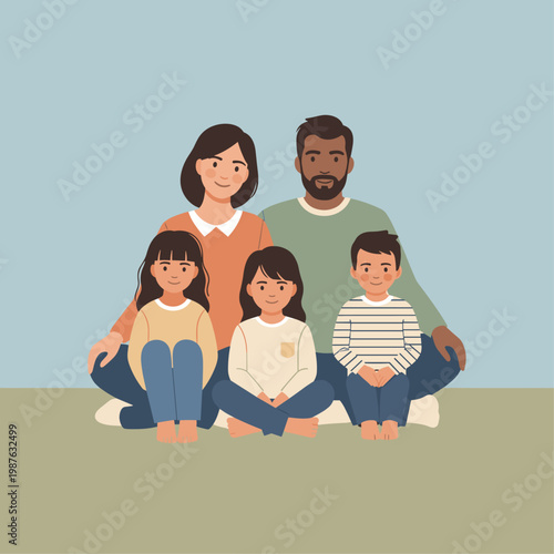 Happy family with two children sitting.