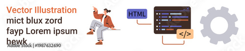 Software development, programming, coding education, web design, technology learning, and innovation. Person sitting near a code screen and gear icon. Software development and programming concept