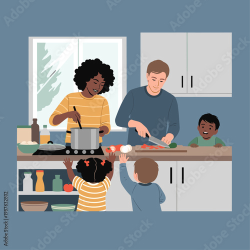 Family Cooking Together In Kitchen.