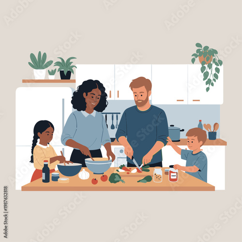 Family cooking together in kitchen.