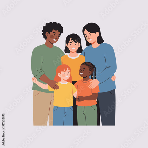 Diverse family standing together smiling.