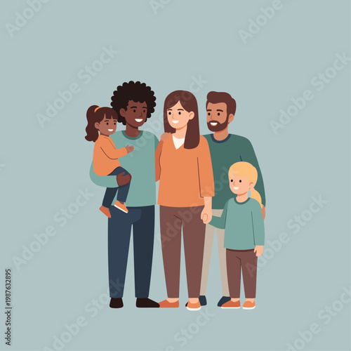 Diverse family of five standing together.